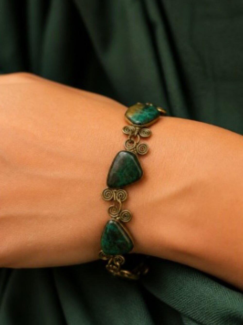 Vintage Handmade Silver-Tone Chrysocolla Teardrop Bracelet 6.75" - Picture 3 of 12